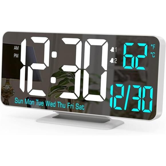 Digital LED Clocks for Bedrooms 6.7in White Alarm Clock, Dimming, - Picture 1 of 7